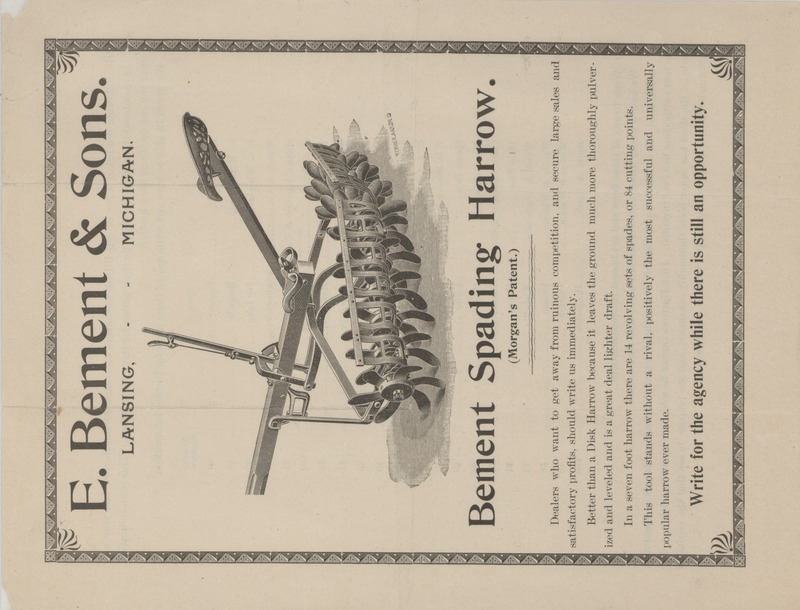 Illustrated catalog describing the Bement Spading Harrow offered by E. Bement and Sons.