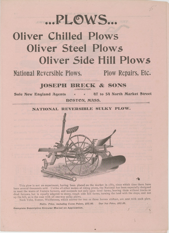 Illustrated catalog describing the plows and related products offered by Joseph Breck and Sons.