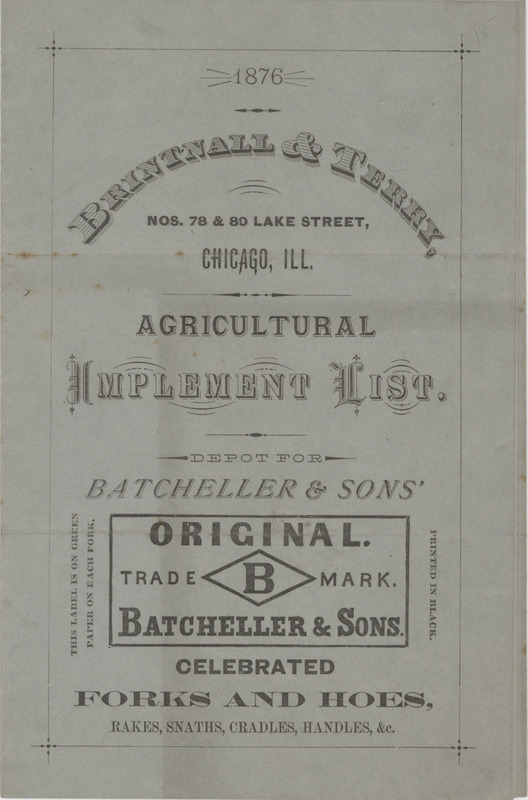 Price list for agricultural products offered by the Brintnall and Terry Company in 1876.
