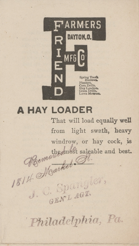 Advertising pamphlet describing the hay loader offered by Farmers Friend Manufacturing Company.