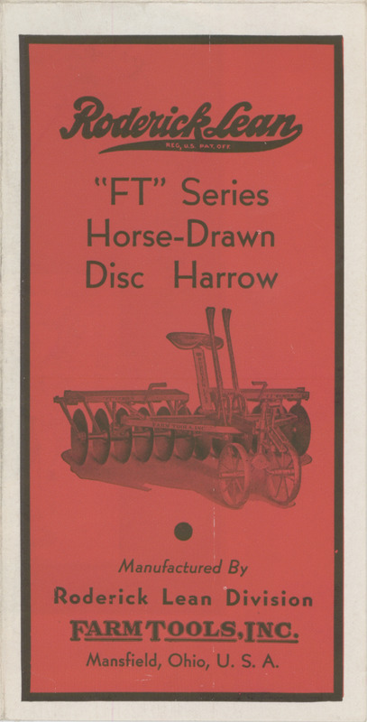 Promotional material for the "FT" Series Horse-Drawn Disc Harrow, manufactured by Farm Tools Inc.