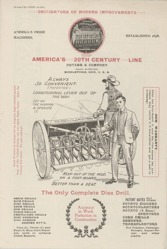 Illustrated advertisement for America's 20th Century Line of agricultural implements offered by the Fetzer and Company.