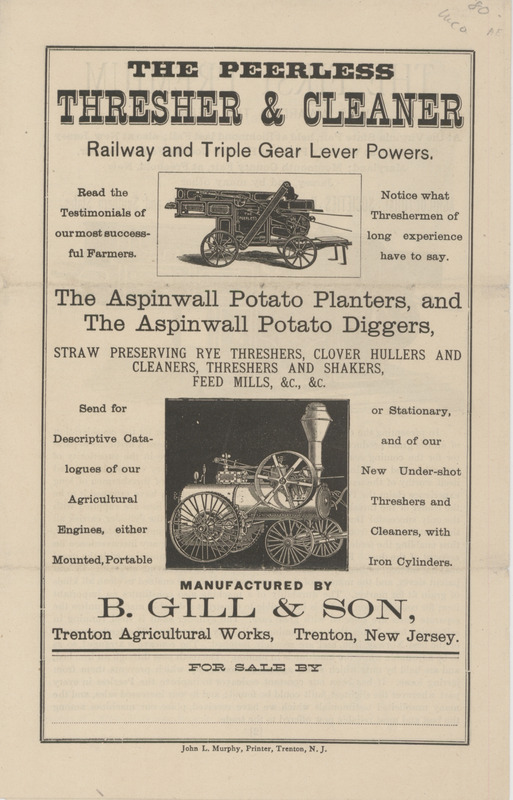 Illustrated catalog describing the agricultural products offered by the B. Gill and Son Trenton Agricultural Works.