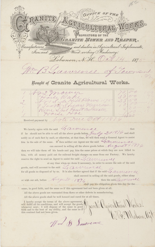 Receipt of purchase dated October 14, 1875 from Granite Agricultural Works.