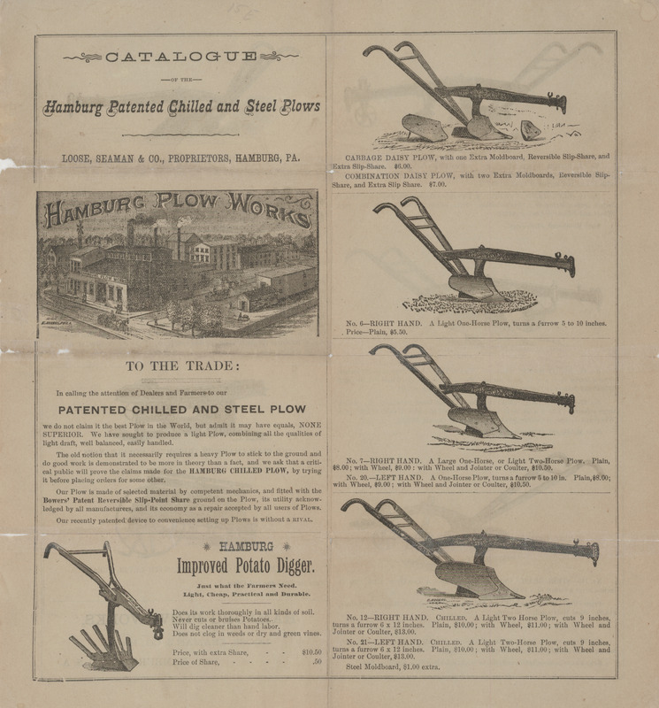 Illustrated catalog describing the chilled and steel plows offered by Hamburg Plow Works.