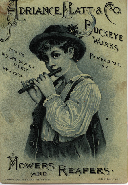 Illustrated advertisement card for Adriance, Platt and Company mowers and reapers from 1888.