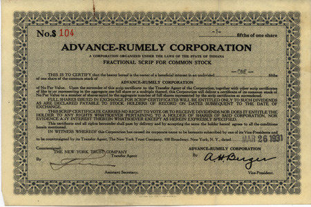 A written certificate transferring a stock share of the Advance-Rumely Corporation to the receiver of the document.