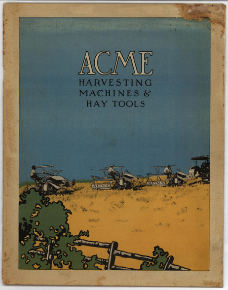 A catalog detailing the products available from Acme Harvesting Machine Company with illustrations. The products include a grain binder and attachments.