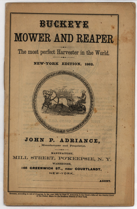 Catalog detailing the mower and reaper offered by John P. Adriance. The catalog describes the benefits of Adriance's products and includes illustrations along with a price list.