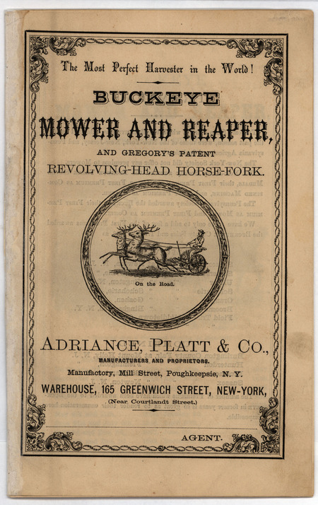 Catalog detailing the mower and accessory products offered by Adriance, Platt and Company. Illustrated and includes price list.