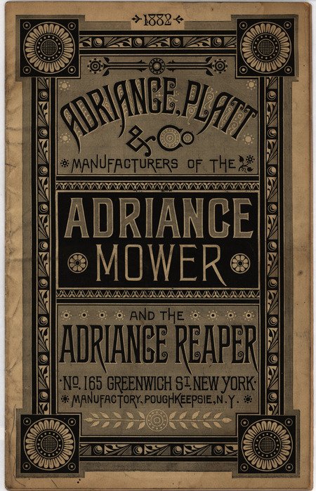 A catalog detailing the products offered by Adriance, Platt and Company, including the Adriance mower and Adriance Reaper. Includes illustrations.