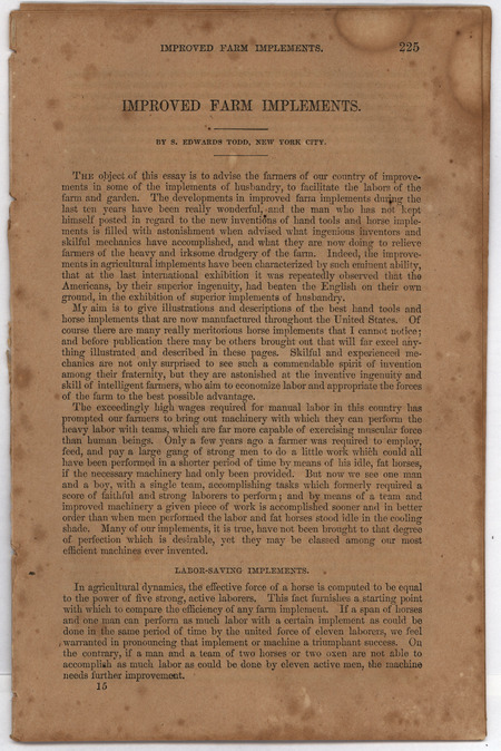 Essay on the improvements made to farm instruments and machinery with illustrations.