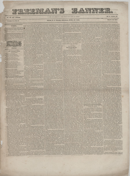 Advertisement for S.S. Allen's Threshing Machine in an issue of the Freeman's Banner newspaper from 1838.