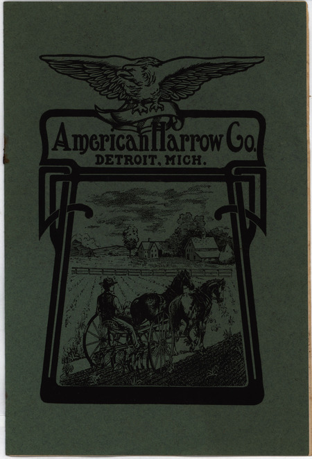 Illustrated catalog describing the agricultural products and accessories offered by the American Harrow Company in 1910.