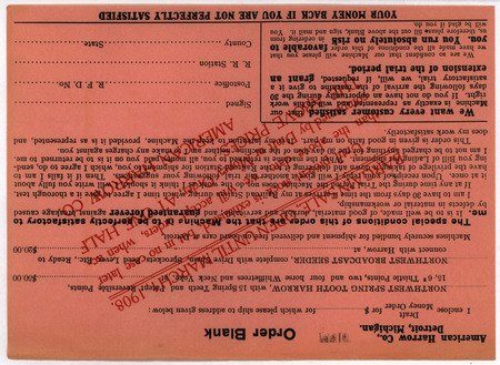 Order form for products offered by the American Harrow Company in 1908.