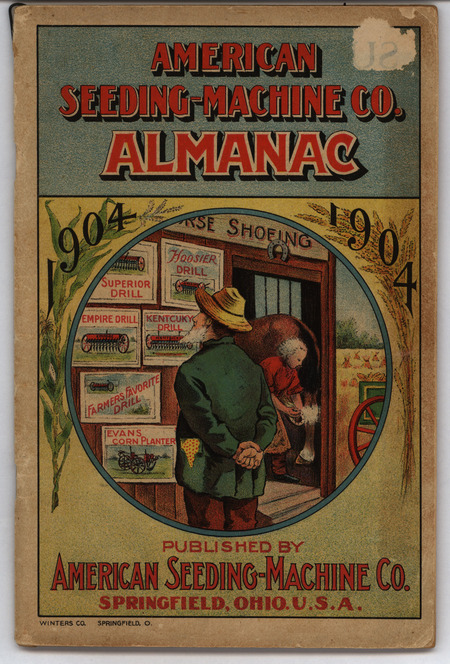 Farmer's almanac from 1904 published by the American Seeding-Machine Company. Details seasonal information and changes for each month along with agricultural advertisements.