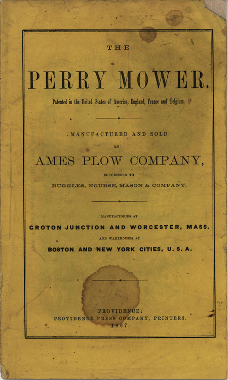Catalog for the Ames Plow Company Perry Mower product line including illustrations.