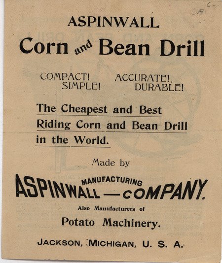 Catalog from the Aspinwall Manufacturing Company describing their corn and bean drill products, includes illustrations.