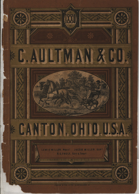 Catalog from 1880 by the C. Aultman and Company describing their Buckeye Harvesting Machines product line, includes illustrations.