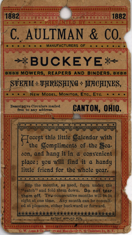 Promotional calendar from the C. Aultman and Company included illustrated advertisements.