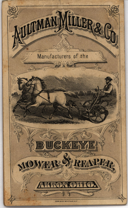 Catalog for the Buckeye Reaper and Mower product line by Aultman, Miller and Company, includes illustrations.