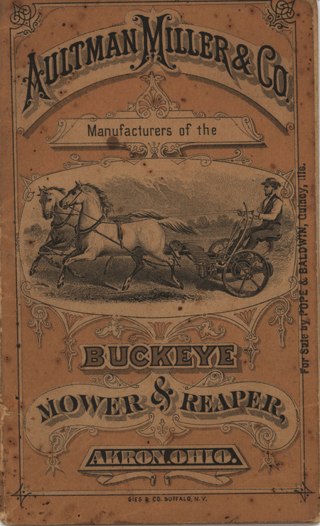 Catalog for the Buckeye Reaper and Mower product line from Aultman, Miller and Company includes illustrations.