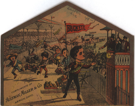Illustrated advertisement card for the Buckeye product line from the Aultman, Miller and Company.