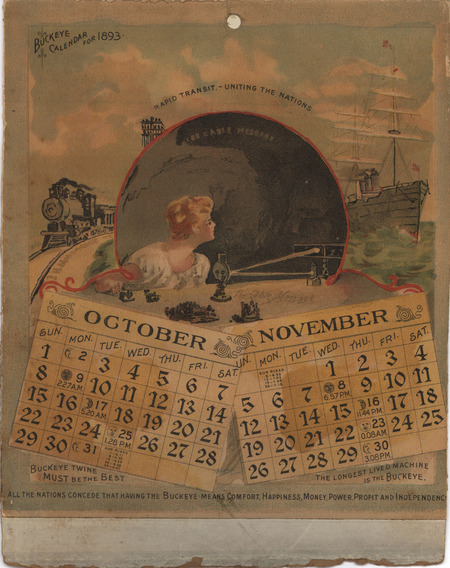 Illustrated advertisement calendar for Buckeye products offered by the Aultman, Miller and Company.