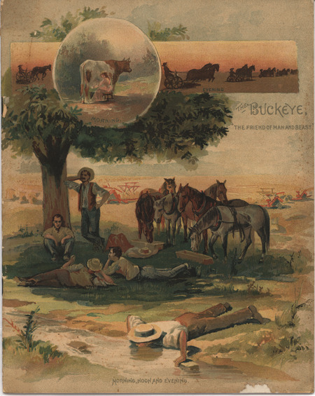 Catalog describing the Buckeye Harvesting Machines offered by the Aultman, Miller and Company, includes illustrations.