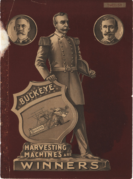 Swedish catalog describing the Buckeye Harvesting Machines product line by Aultman, Miller and Company, includes illustrations.