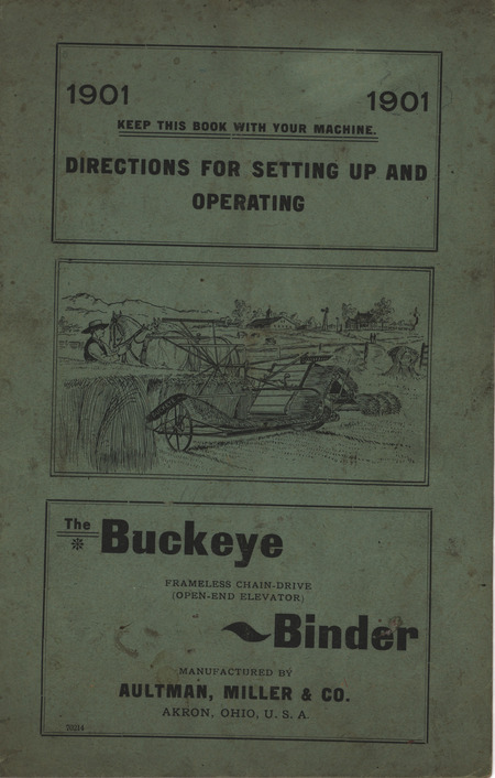Instruction booklet for setting up and operating the Buckeye Binder by Aultman, Miller and Company.