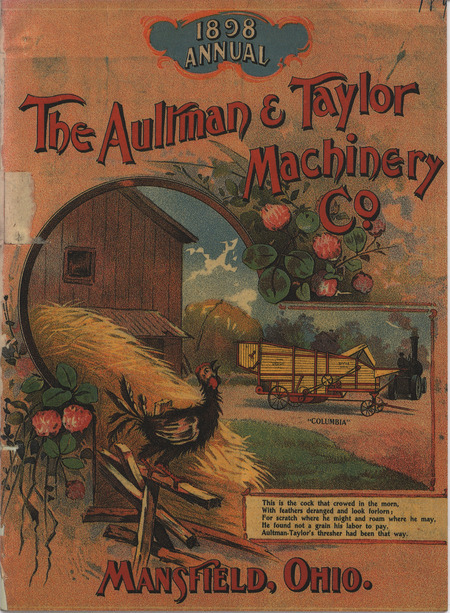 Catalog describing the products offered by Aullman and Taylor Machinery Company from 1898 including engines, burners and other agricultural machinery.