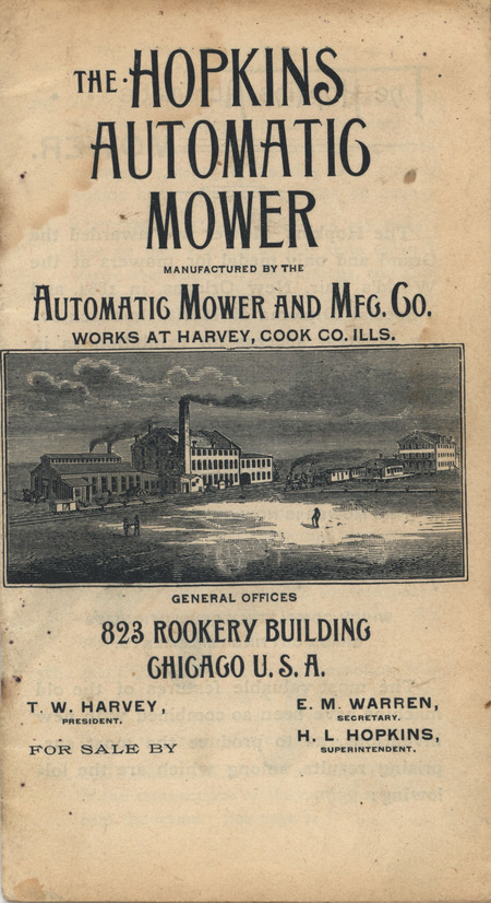 Catalog describing the Hopkins Automatic Mower product line from Automatic Mower and Mfg. Company, includes illustrations.