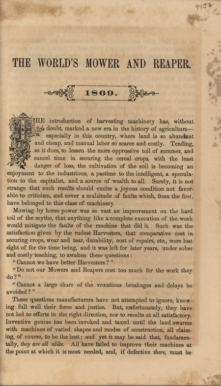 Catalog describing the world's reaper, tornado thresher and related agricultural products offered by E. Ball and Company from 1869, includes illustrations.