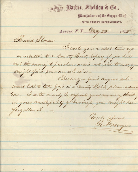 Letter from the office of Barber, Sheldon and Company, regarding a county bond and agricultural products.