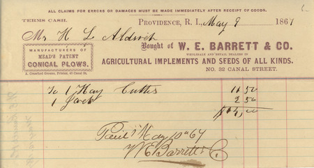 Receipt of goods from W. E. Barret and Company on May 9, 1867 purchased by H. L. Aldrich.
