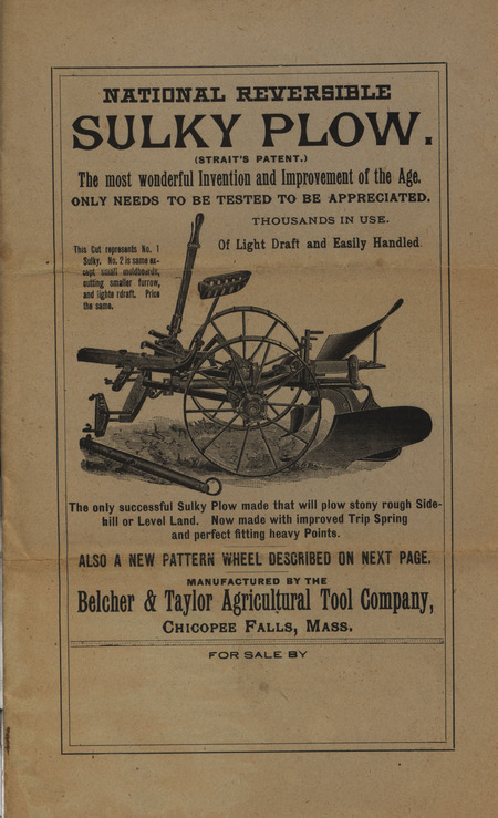 Catalog describing the national reversible sulky plow and other products offered by the Belcher and Taylor Agricultural Tool Company, includes illustrations.