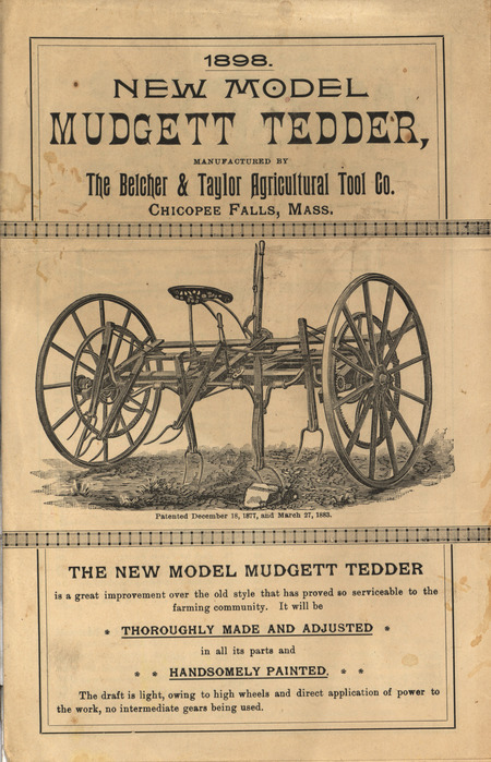 Catalog describing the new model mudgett tedder and other products offered by the Belcher and Taylor Agricultural Tool Company in 1898.