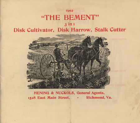 Illustrated catalog for the disk cultivator, disk harrow and stalk cutter offered by E. Bement's Sons in 1902.