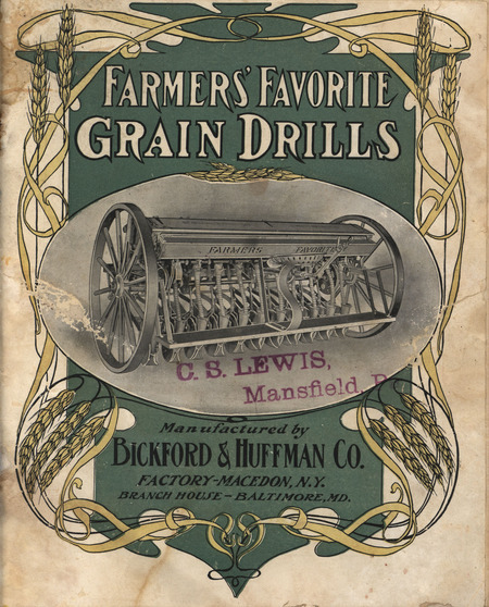 Illustrated catalog describing the farmers' favorite grain, fertilizer drills and related products offered by the Bickford and Huffman Company in 1903.