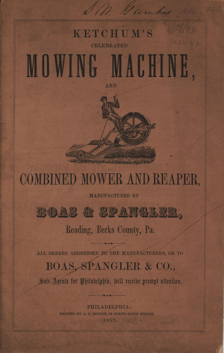 Illustrated catalog describing mowing machines and related products offered by the Boss, Spangler and Company in 1857.