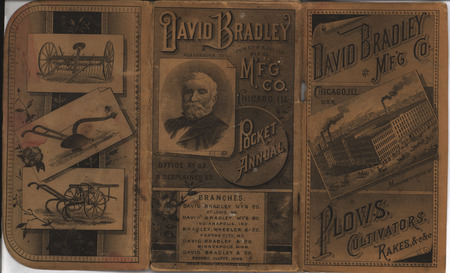 Illustrated catalog describing the plows, cultivators, rakes and related products offered by David Bradley Manufacturing Company from 1885.