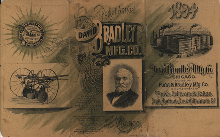 Illustrated pocket annual catalog describing the plows, cultivators, rakes and other agricultural products offered by David Bradley Manufacturing Company in 1894.