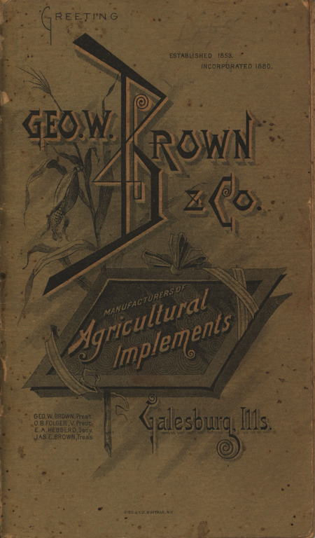 Catalog describing agricultural implements offered by the Geo. W. Brown and Company in 1891-1892, includes illustrations.