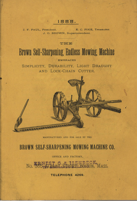 Catalog describing the mowing machine and related products offered by Brown Self-Sharpening Mowing Machine Company in 1888.