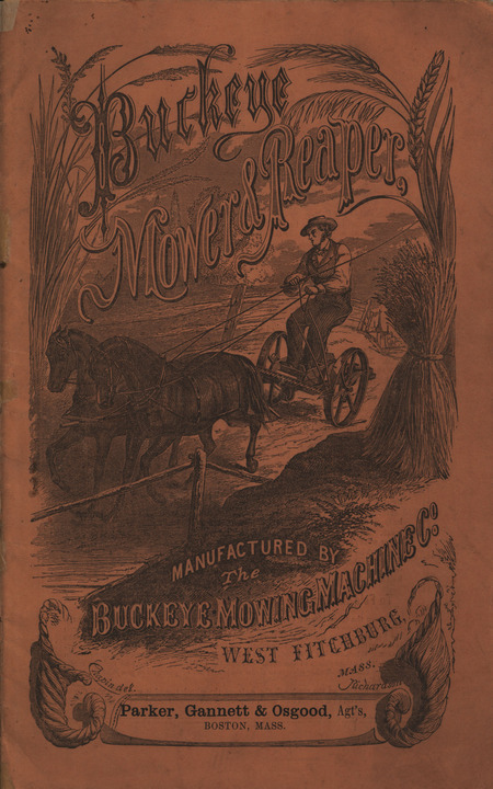 Catalog describing the mower, reaper and related products offered by Buckeye Mowing Machine Company from 1869 including illustrations and a price list.