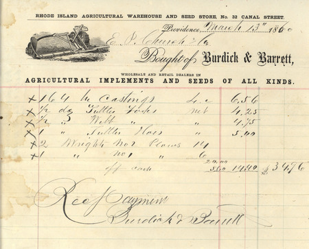 An order sheet for the Rhode Island Agricultural Warehouse and Seed Store dated March 13, 1860 and signed by Burdick and Barrett.