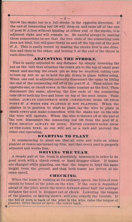 Challenge Corn Planter Company illustrated instructions for operating their leader check rower from 1890.