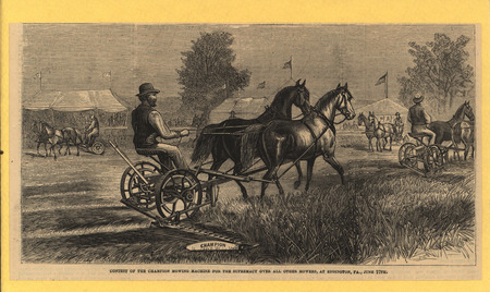 Illustrated advertisement card for the Champion Mowing Machine depicting a mowing machine contest in Eddington, Pennsylvania.