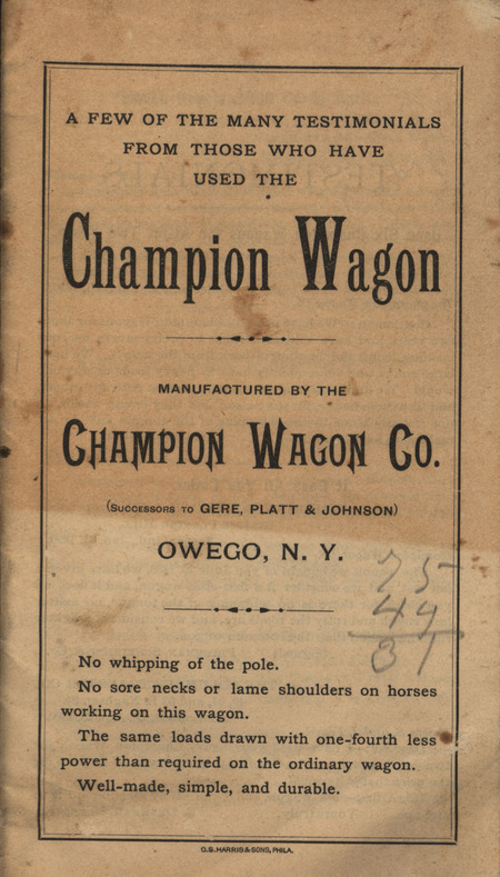 Catalog for the products offered by Champion Wagon Company in 1890, including testimonials.